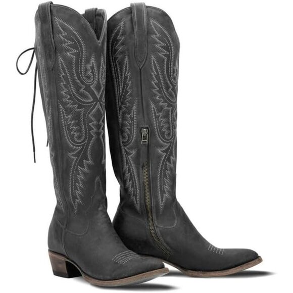 🆕Women Black Polyurethane Over the Knee Adjustable Thigh High Cowgirl Boot - Picture 2 of 6